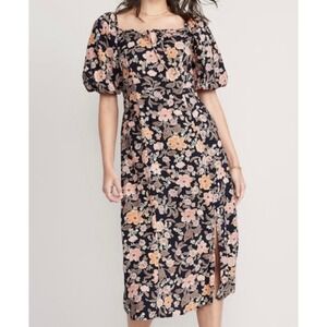 Old Navy Floral Midi Dress 3X Milkmaid Smocked Pintuck Puff Sleeve Slit